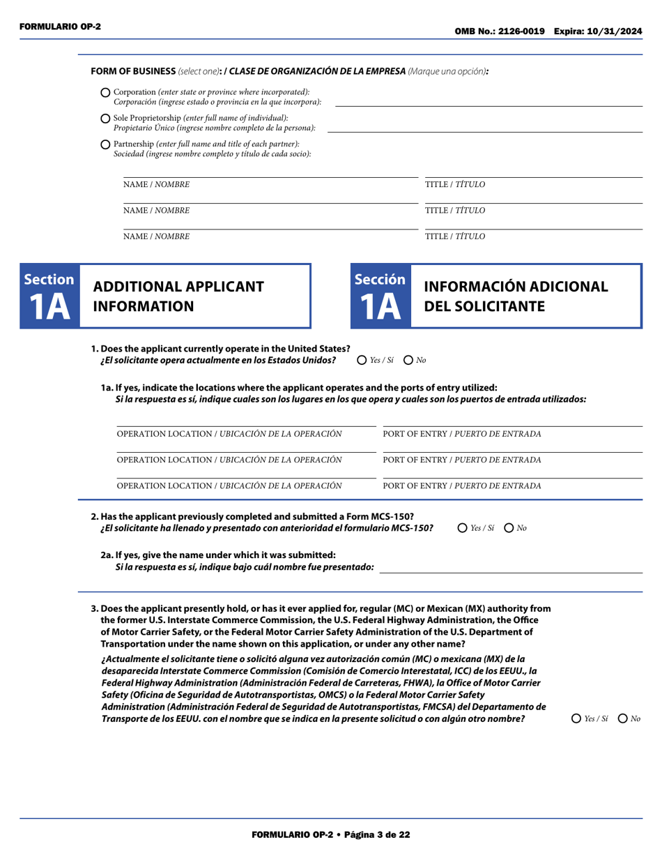 Form OP-2 Application for Mexican Certificate of Registration for Foreign Motor Carriers and Foreign Motor Private Carriers Under 49 U.s.c. 13902 (English / Spanish), Page 9