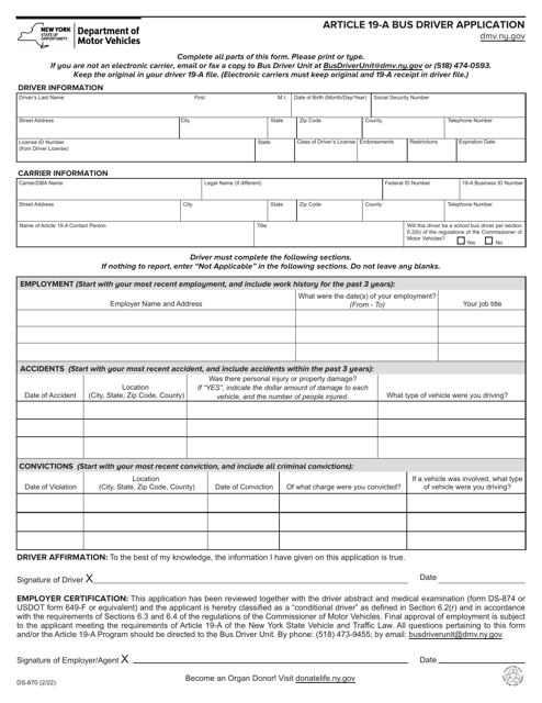 Form DS-870 Article 19-a Bus Driver Application - New York