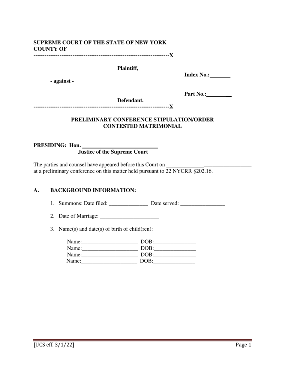 Preliminary Conference Stipulation / Order Contested Matrimonial - New York, Page 1