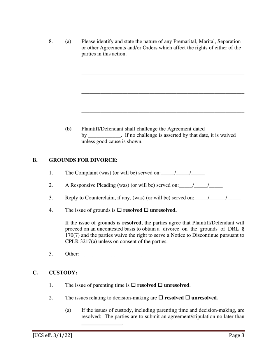 Preliminary Conference Stipulation / Order Contested Matrimonial - New York, Page 3