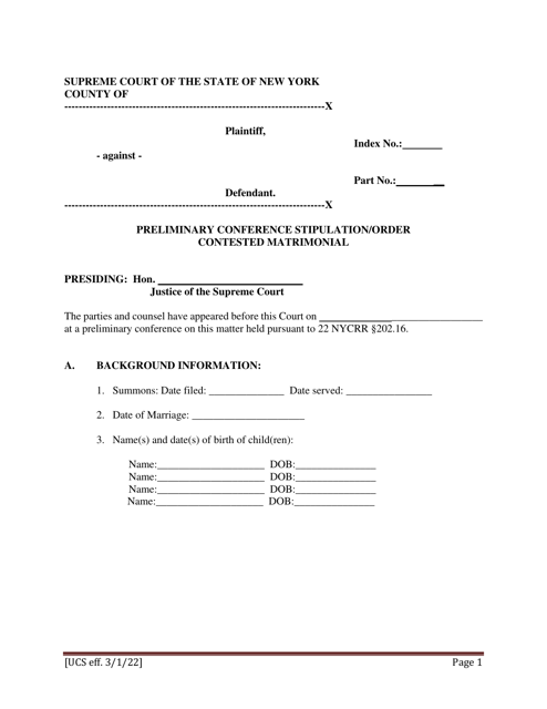 Preliminary Conference Stipulation / Order Contested Matrimonial - New York Download Pdf