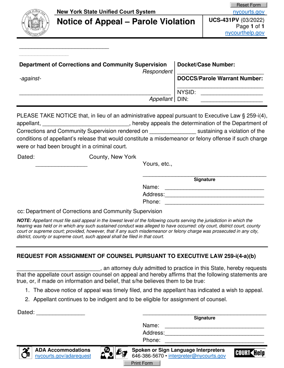 Form UCS-431PV Notice of Appeal - Parole Violation - New York, Page 1