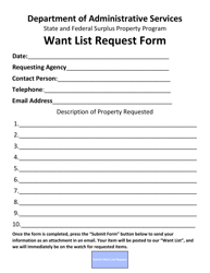 Document preview: Want List Request Form - State and Federal Surplus Property Program - Oregon