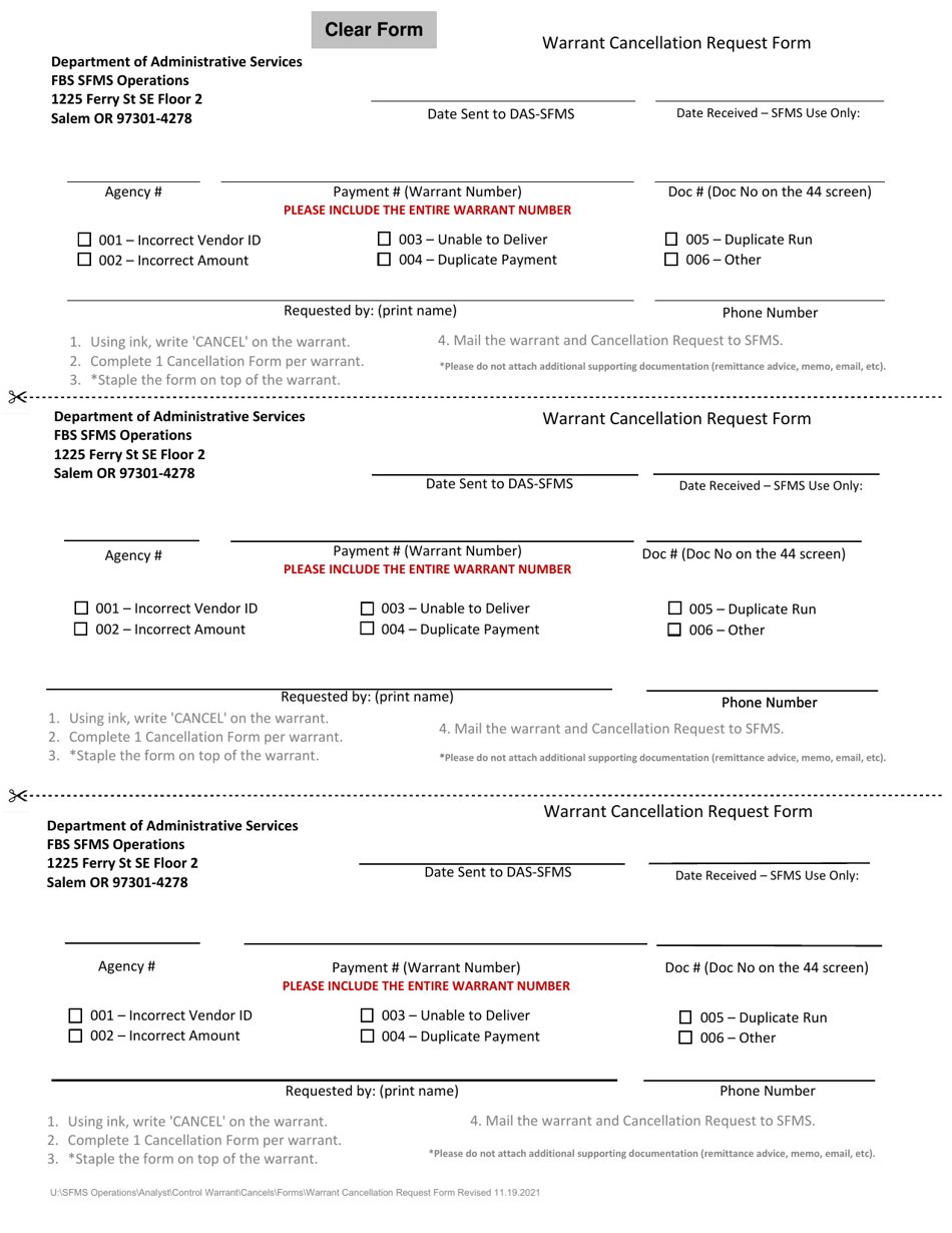 Warrant Cancellation Request Form - Oregon, Page 1