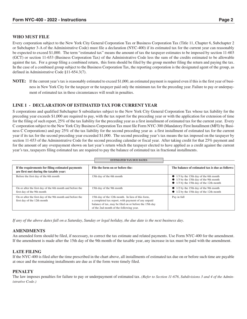 Form NYC-400 Estimated Tax by Business Corporations and Subchapter S General Corporations - New York City, Page 2