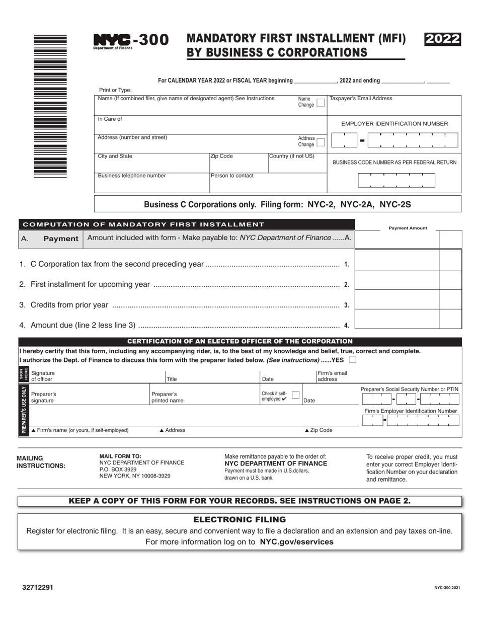 Form NYC-300 Mandatory First Installment (Mfi) by Business C Corporations - New York City, Page 1