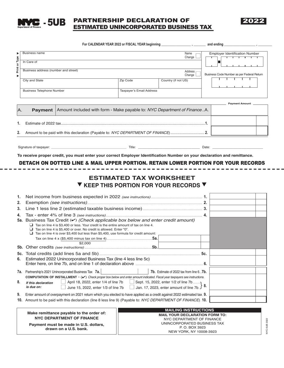 Form NYC-5UB Partnership Declaration of Estimated Unincorporated Business Tax - New York City, Page 1