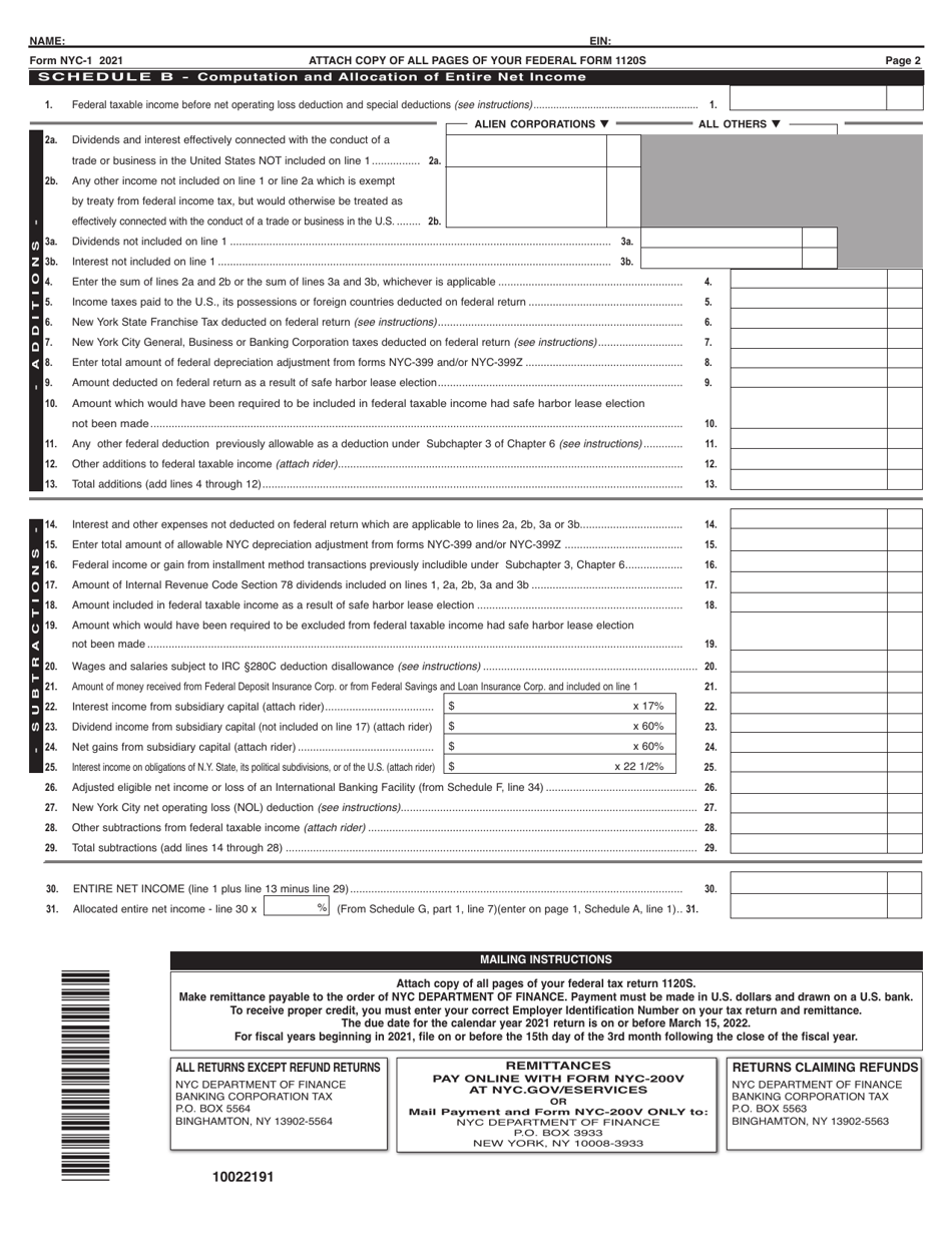 Form NYC-1 Tax Return for Banking Corporations - New York City, Page 2