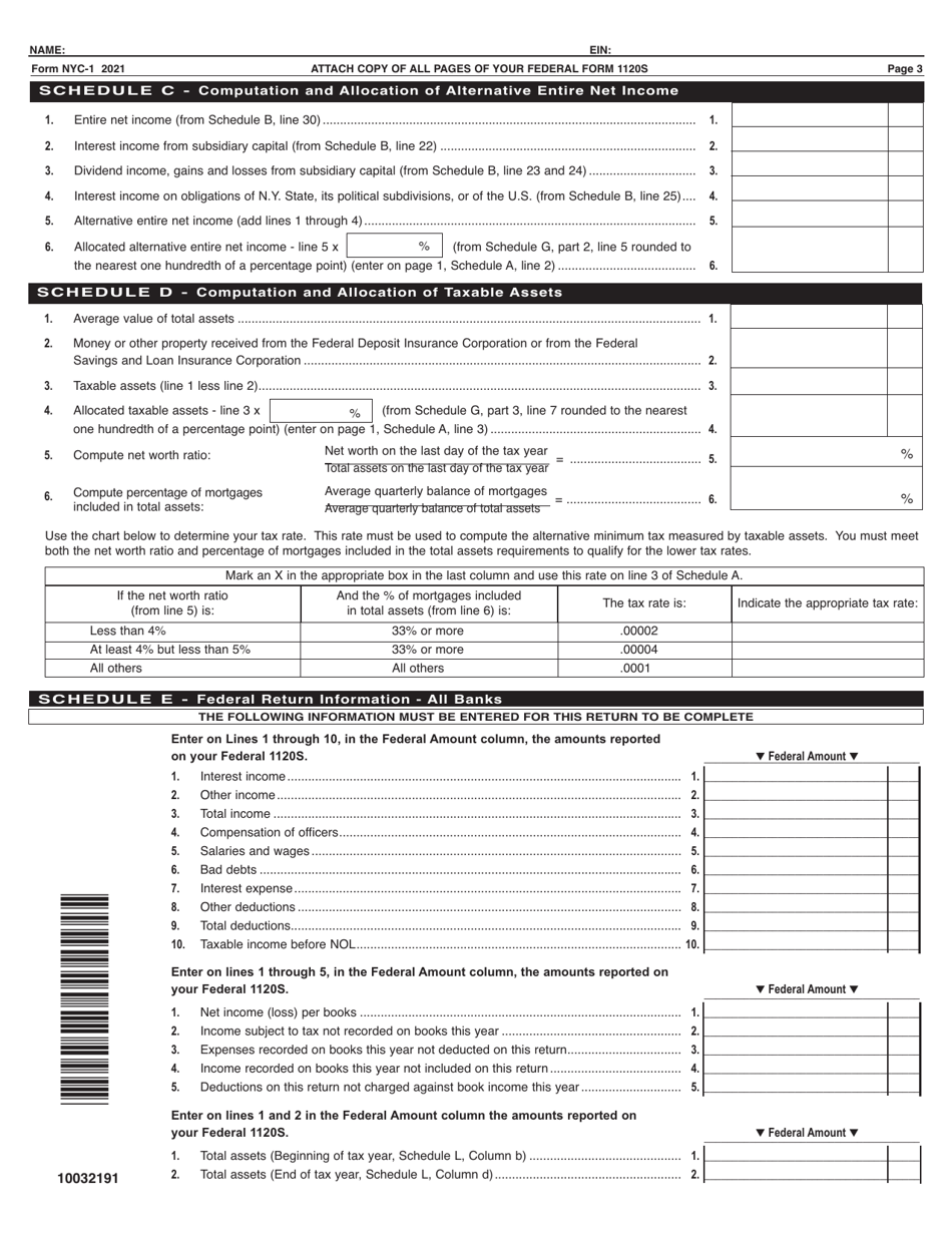 Form NYC-1 Tax Return for Banking Corporations - New York City, Page 3