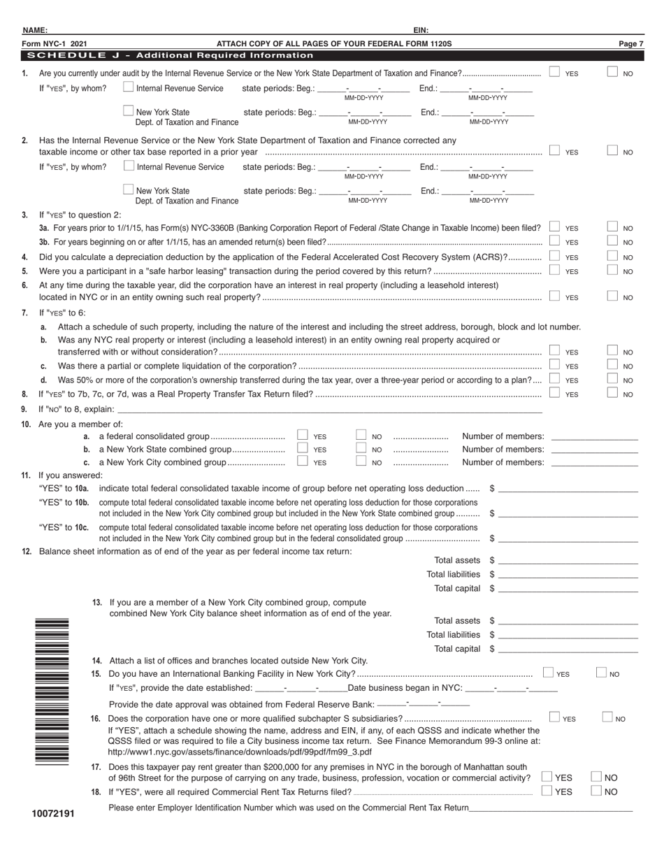Form NYC-1 Tax Return for Banking Corporations - New York City, Page 7