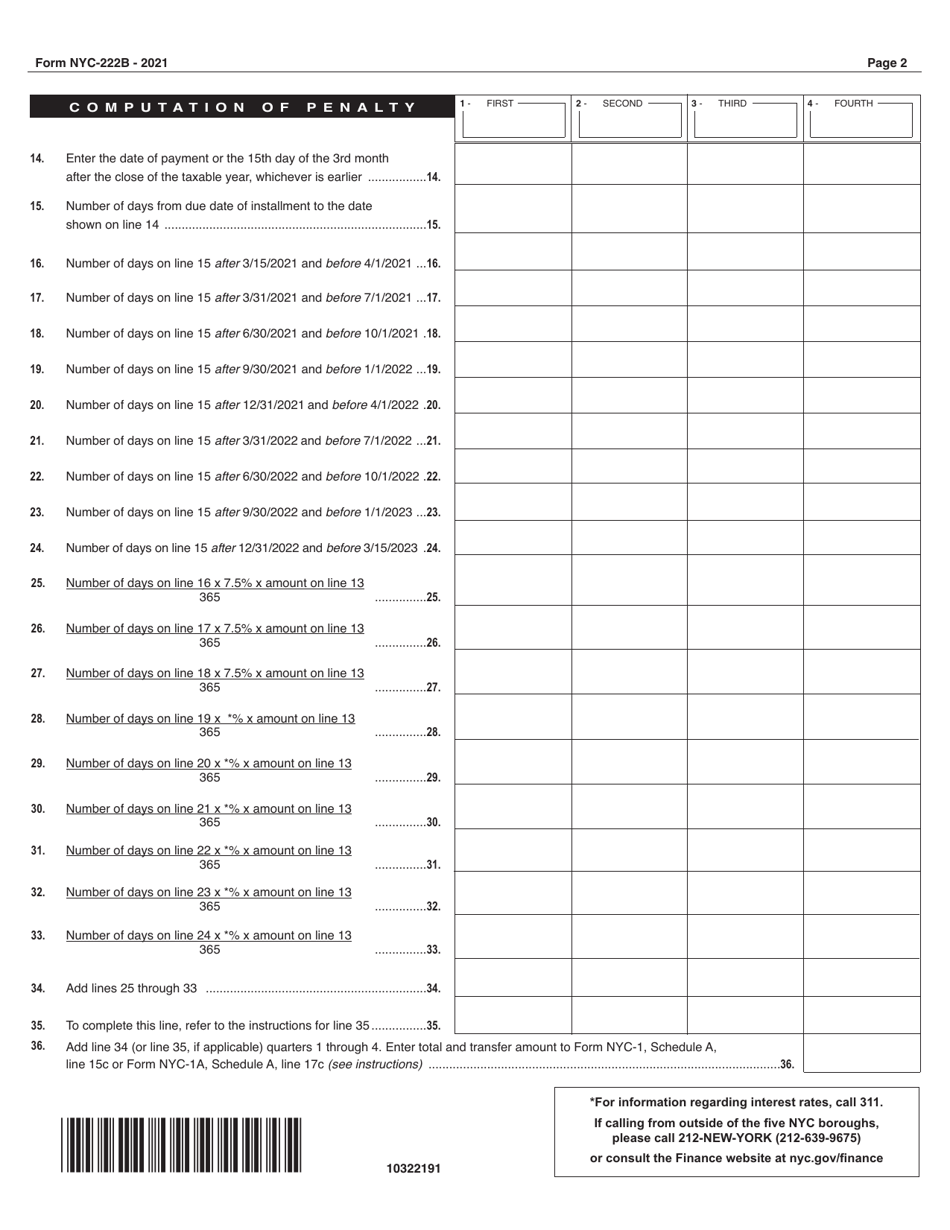 Form NYC-222B Underpayment of Estimated Tax by Subchapter S Banking Corporations - New York City, Page 2