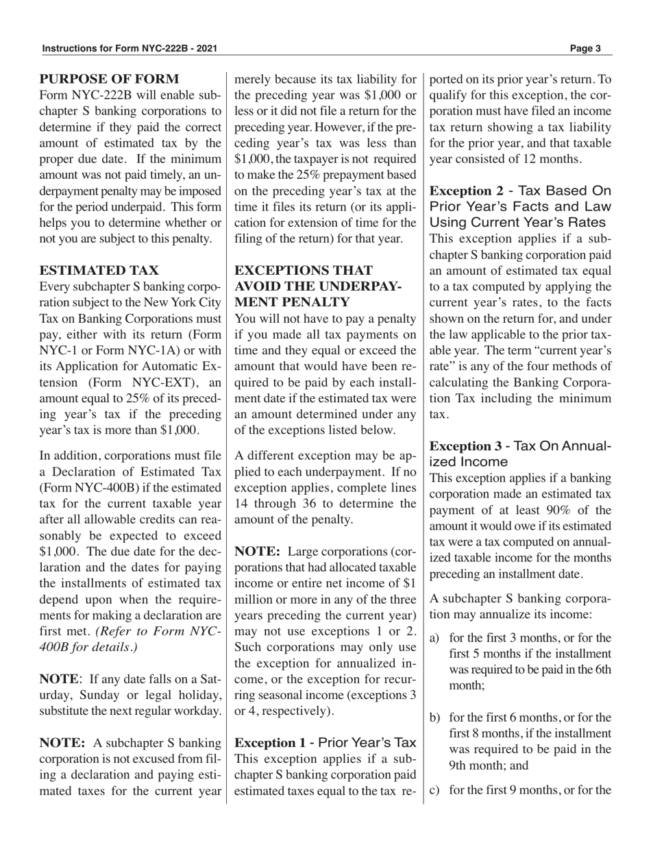 Form NYC-222B Underpayment of Estimated Tax by Subchapter S Banking Corporations - New York City, Page 3