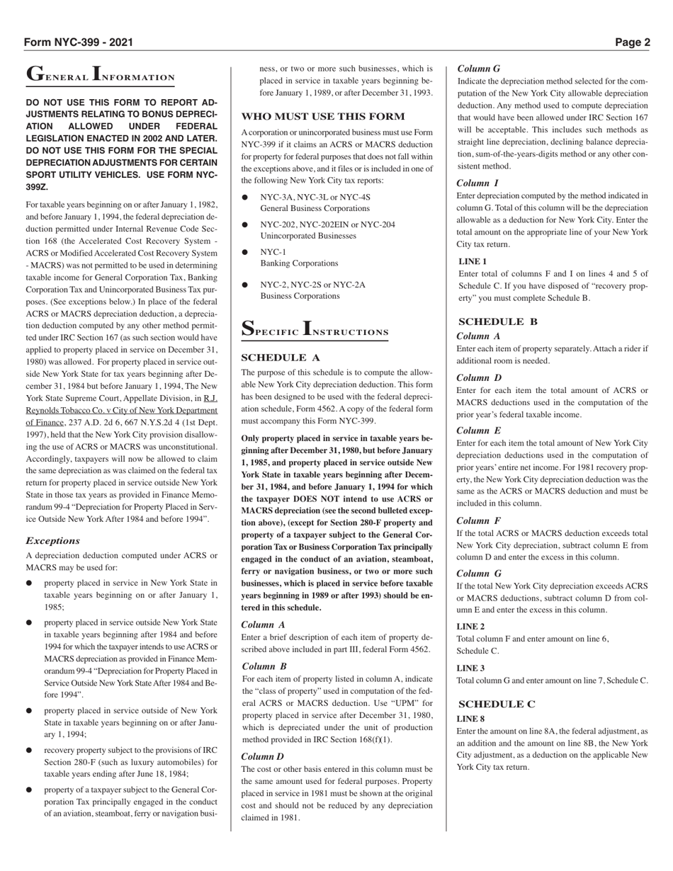 Form NYC-399 Schedule of New York City Depreciation Adjustments - New York City, Page 2