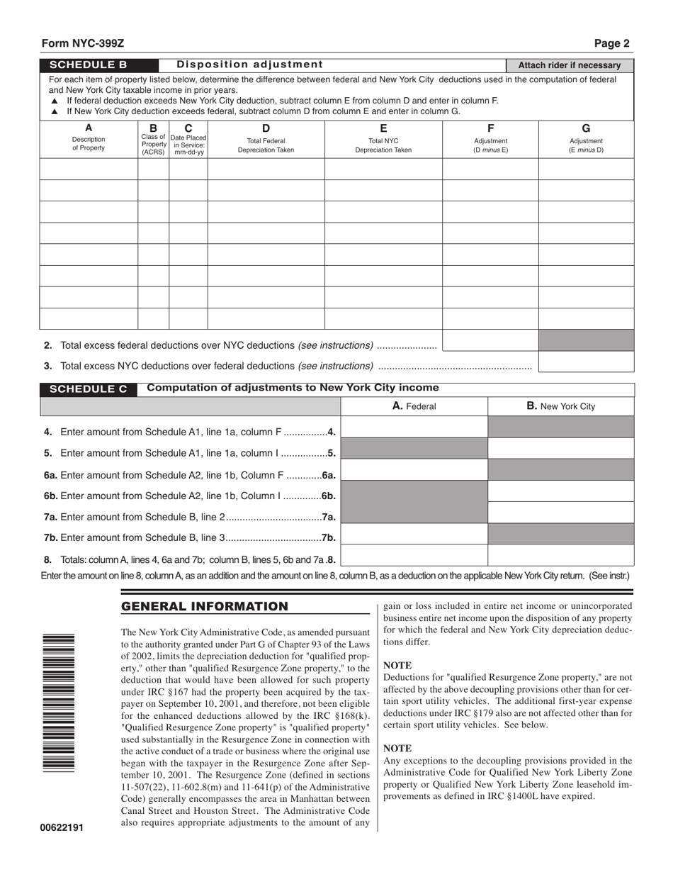 Form NYC-399Z Depreciation Adjustments for Certain Post 9 / 10 / 01 Property - New York City, Page 2