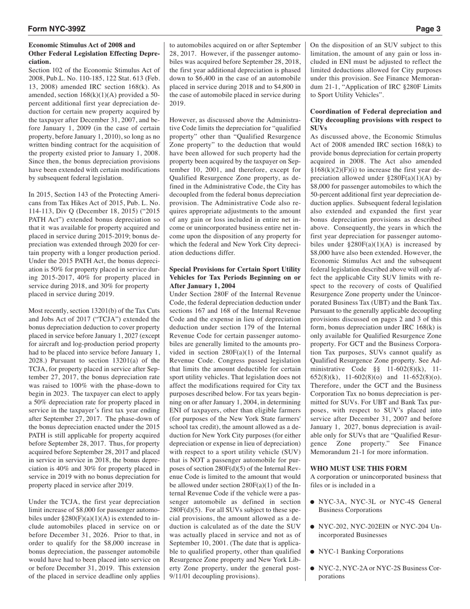 Form NYC-399Z Depreciation Adjustments for Certain Post 9 / 10 / 01 Property - New York City, Page 3