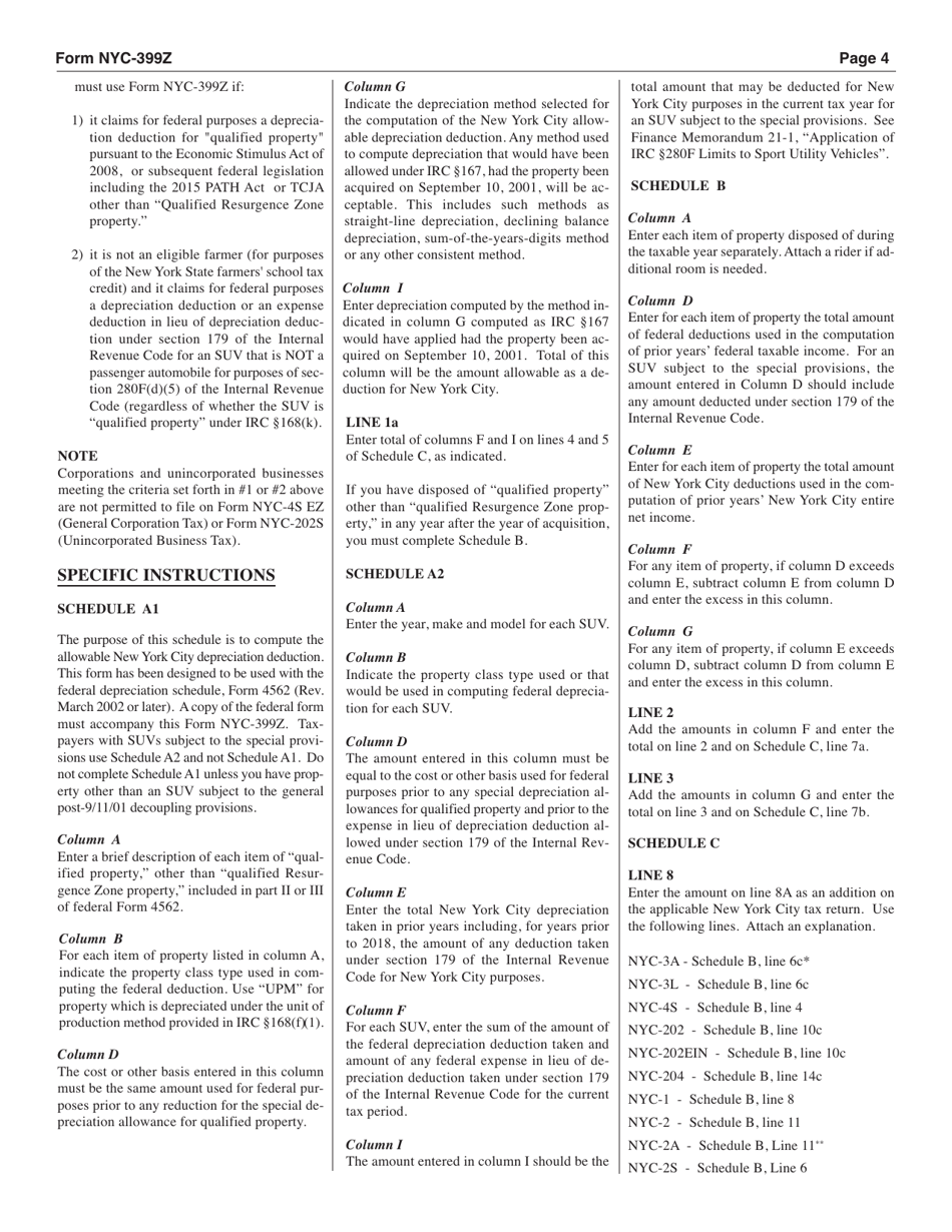 Form NYC-399Z Depreciation Adjustments for Certain Post 9 / 10 / 01 Property - New York City, Page 4