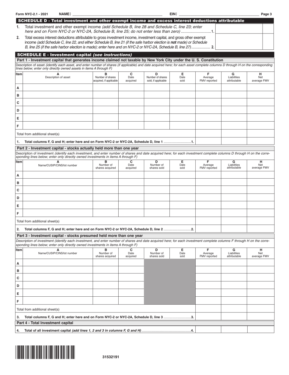 Form NYC-2.1 Investment and Other Exempt Income and Investment Capital - New York City, Page 3