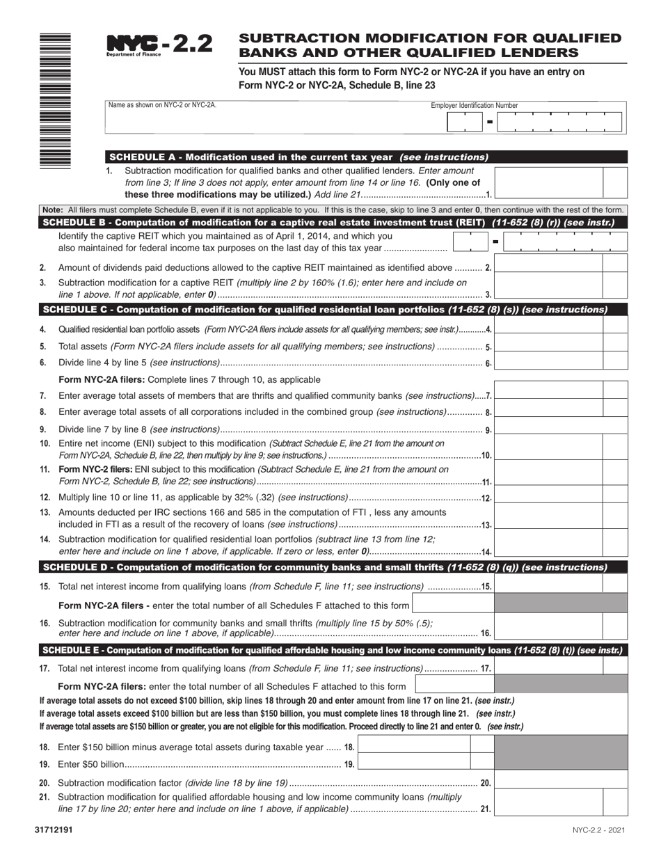 Form NYC-2.2 Subtraction Modification for Qualified Banks and Other Qualified Lenders - New York City, Page 1