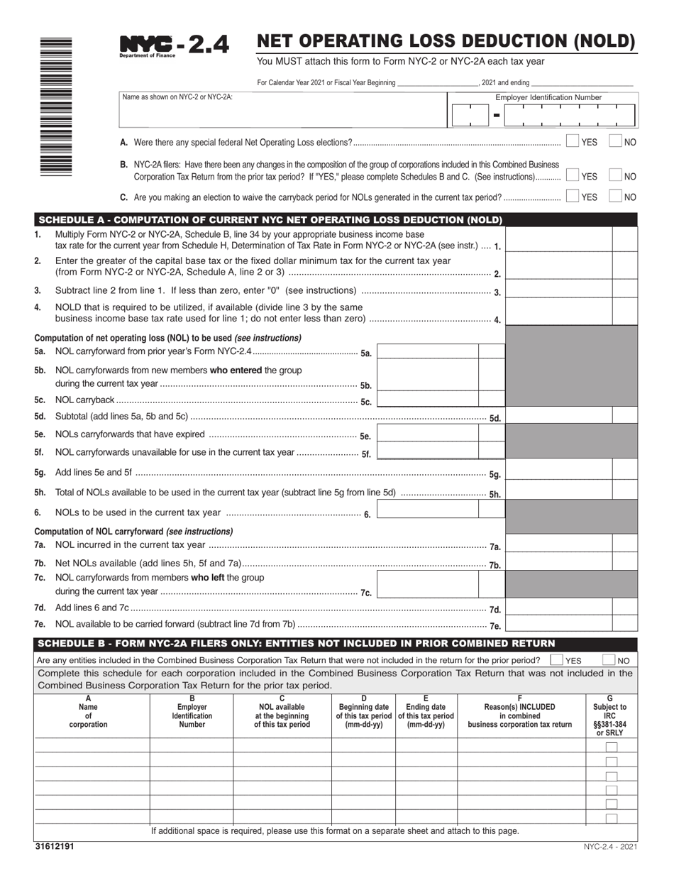 Form NYC-2.4 Net Operating Loss Deduction (Nold) - New York City, Page 1