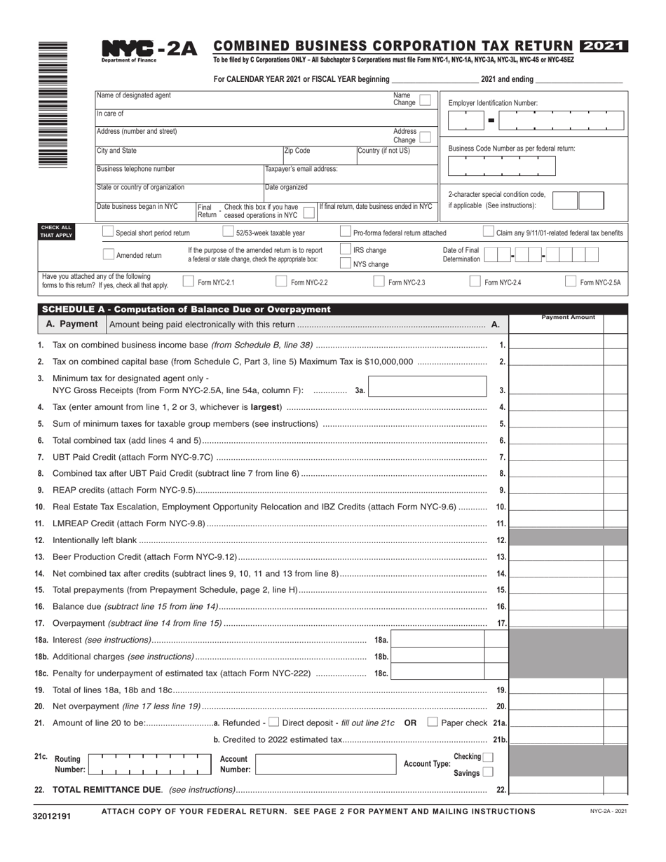 Form NYC2A 2021 Fill Out, Sign Online and Download Printable PDF