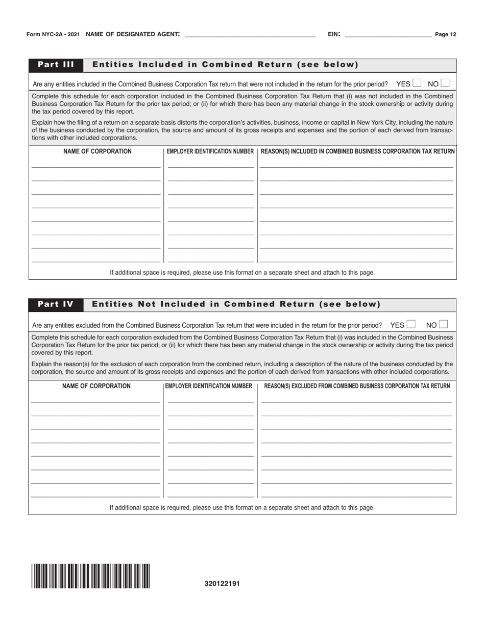 Form NYC-2A Combined Business Corporation Tax Return - New York City, Page 12