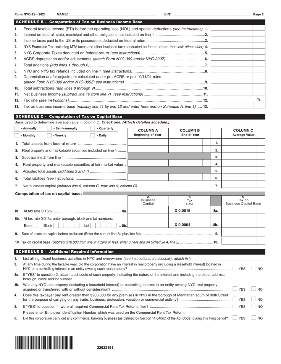 Form NYC-2S Business Corporation Tax Return - New York City, Page 2