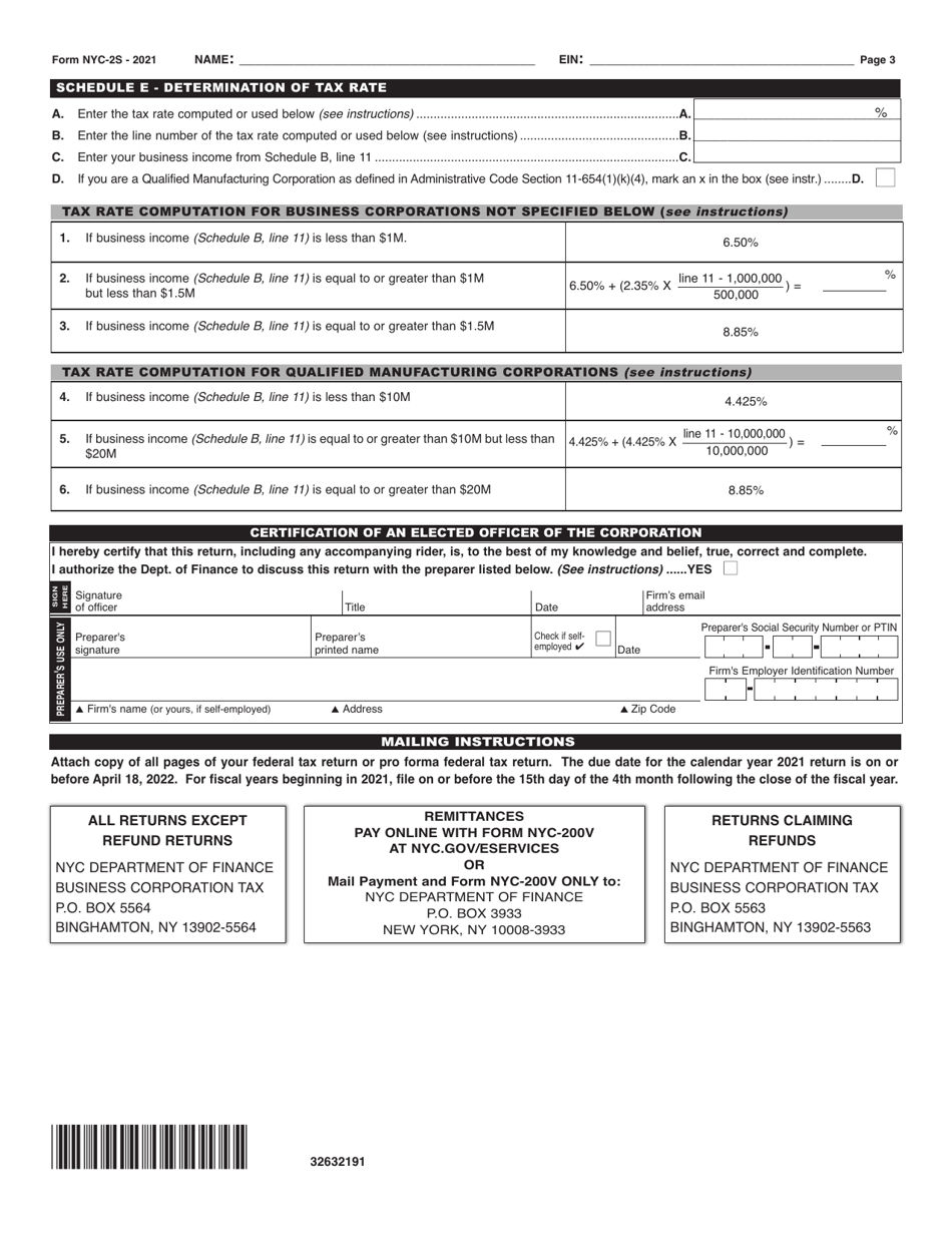 Form NYC-2S Business Corporation Tax Return - New York City, Page 3