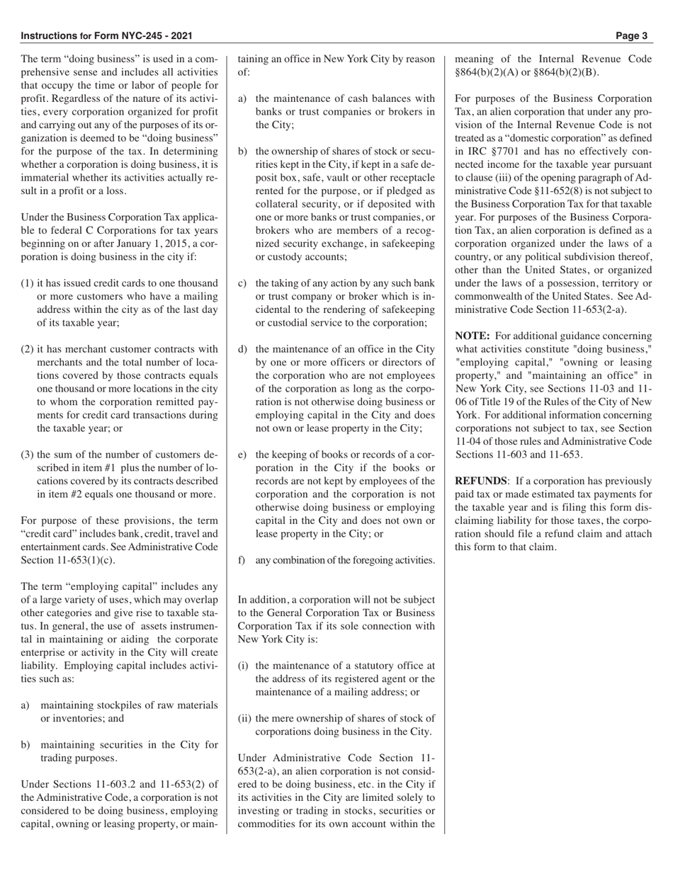 Form NYC-245 Activities Report of Business and General Corporations - New York City, Page 3