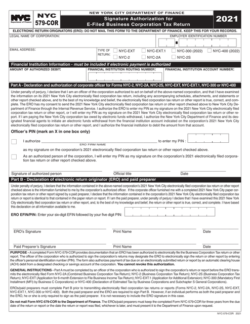 Form NYC-579-COR 2021 Printable Pdf