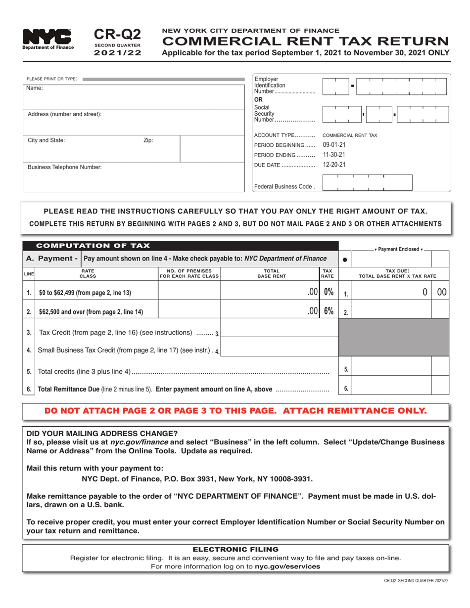 Form CR-Q2 Commercial Rent Tax Return - New York City, Page 1