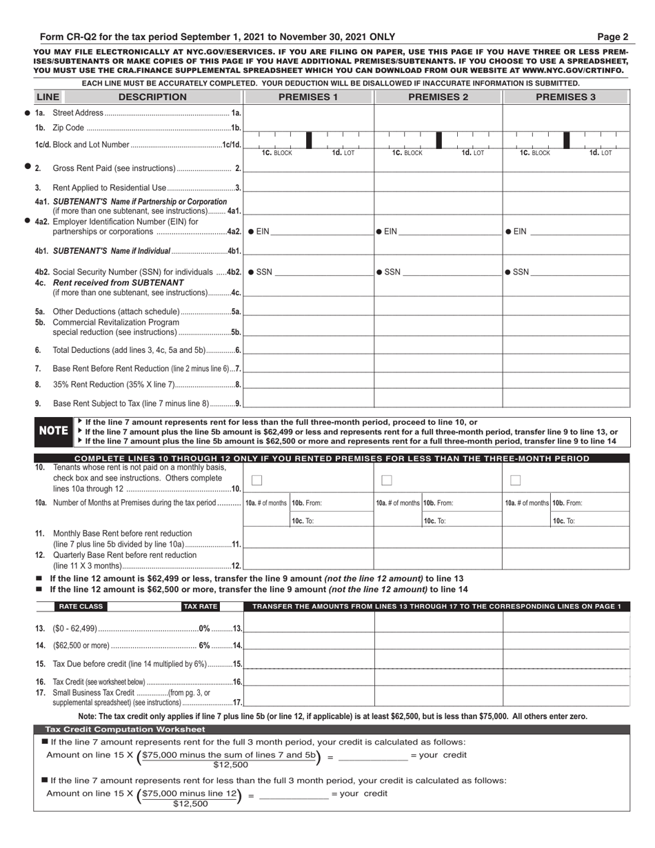 Form CR-Q2 Commercial Rent Tax Return - New York City, Page 2