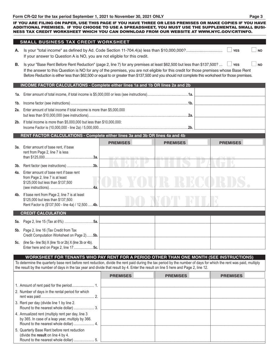 Form CR-Q2 Commercial Rent Tax Return - New York City, Page 3