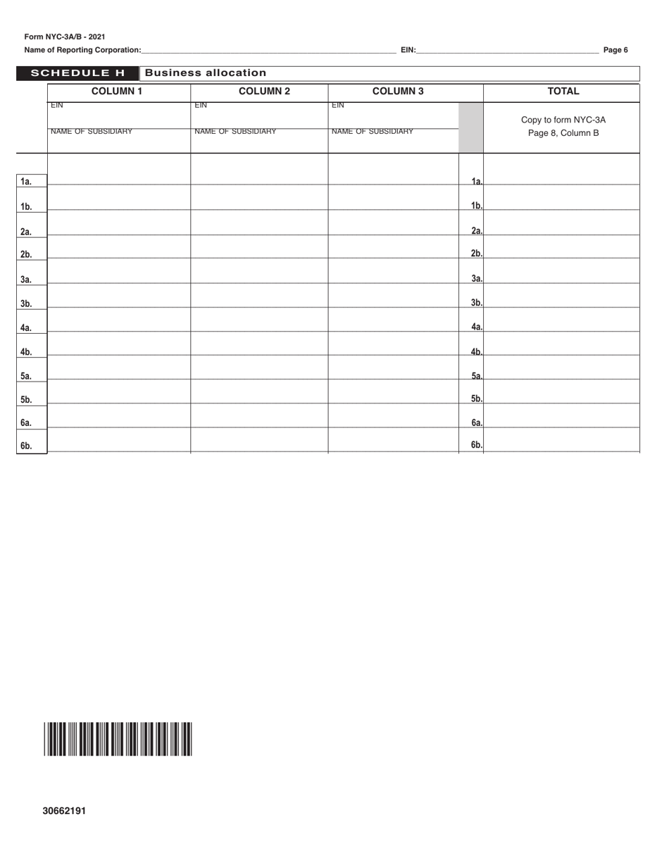 Form NYC-3A / B Subsidiary Detail Spreadsheet Attachment to Form Nyc-3a - Combined General Corporation Tax Return - New York City, Page 6