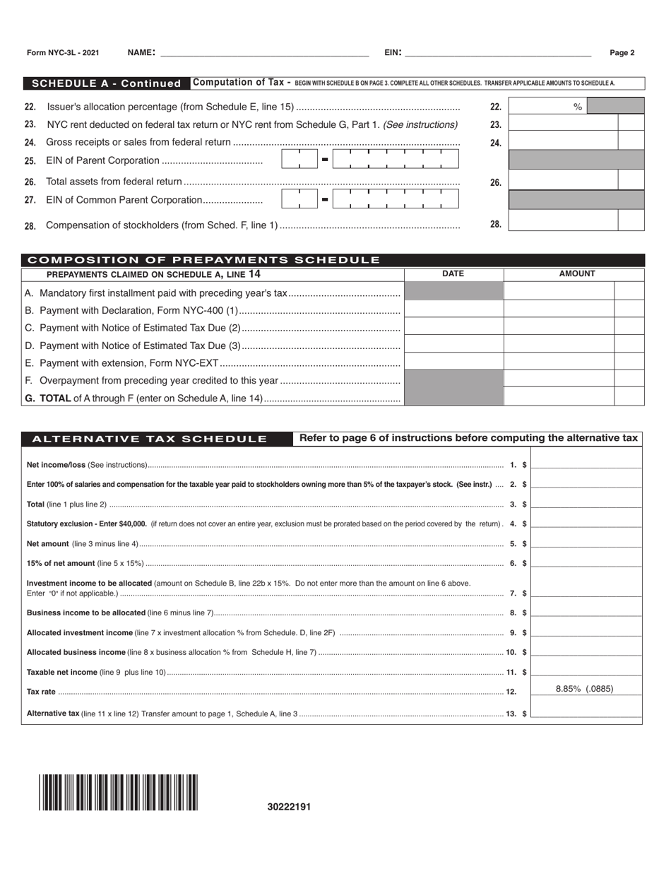 Form NYC-3L General Corporation Tax Return - New York City, Page 2