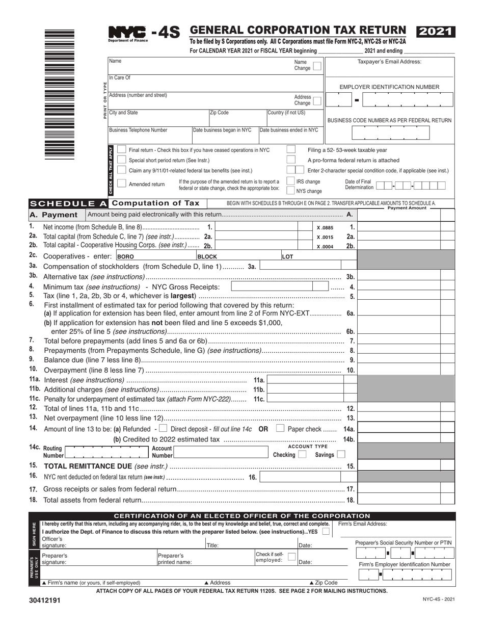 Form NYC-4S General Corporation Tax Return - New York City, Page 1