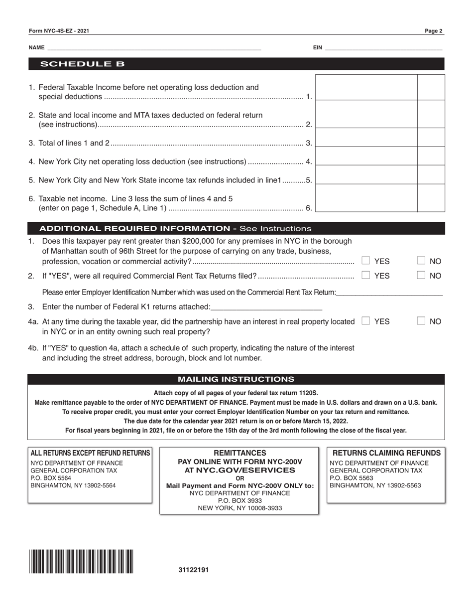 Form NYC-4S-EZ General Corporation Tax Return - New York City, Page 2