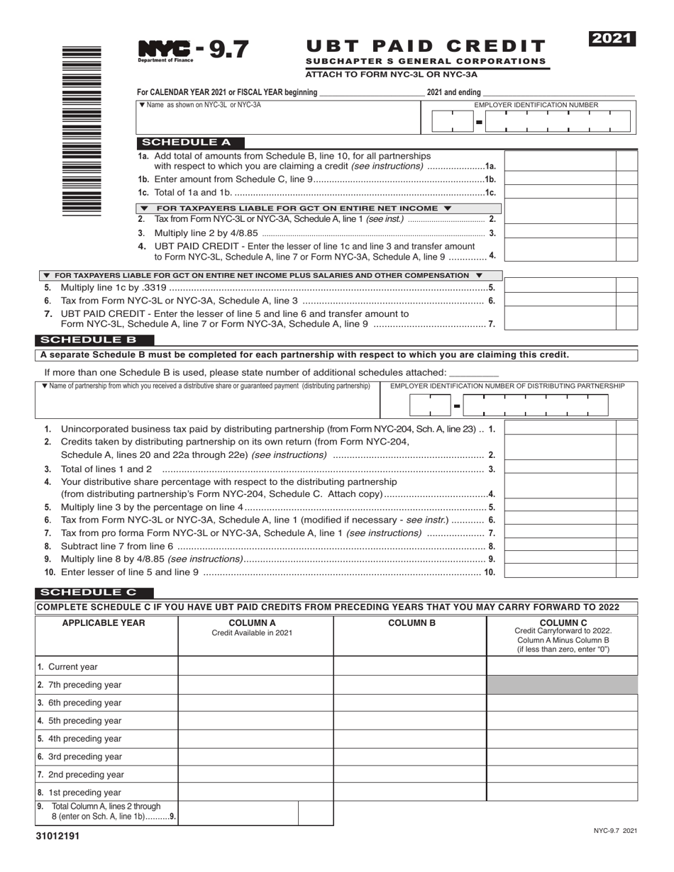 Form NYC-9.7 Ubt Paid Credit for Subchapter S General Corporations - New York City, Page 1