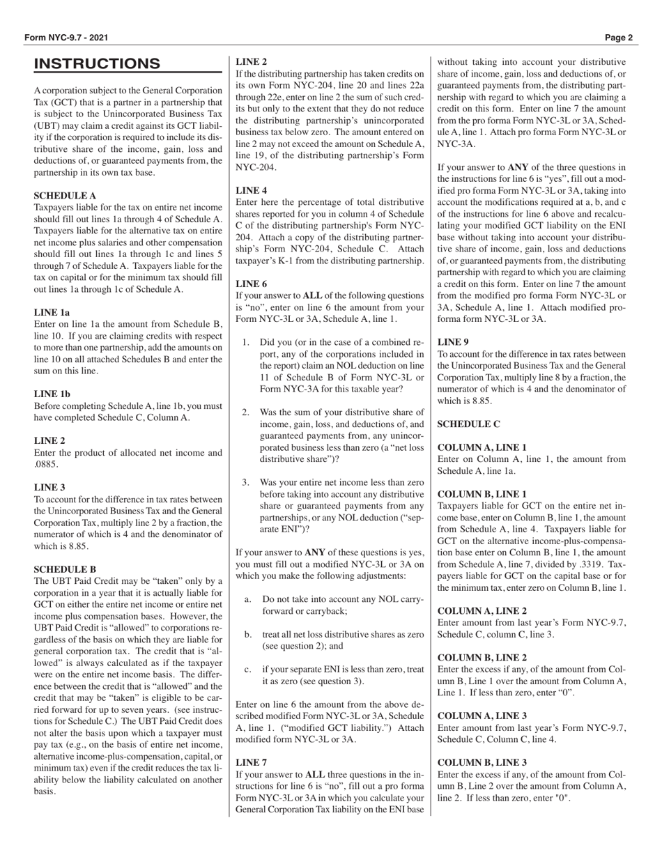Form NYC-9.7 Ubt Paid Credit for Subchapter S General Corporations - New York City, Page 2