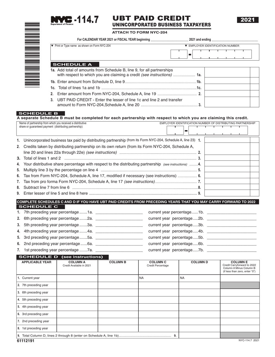 Form NYC-114.7 Ubt Paid Credit for Unincorporated Business Taxpayers - New York City, Page 1