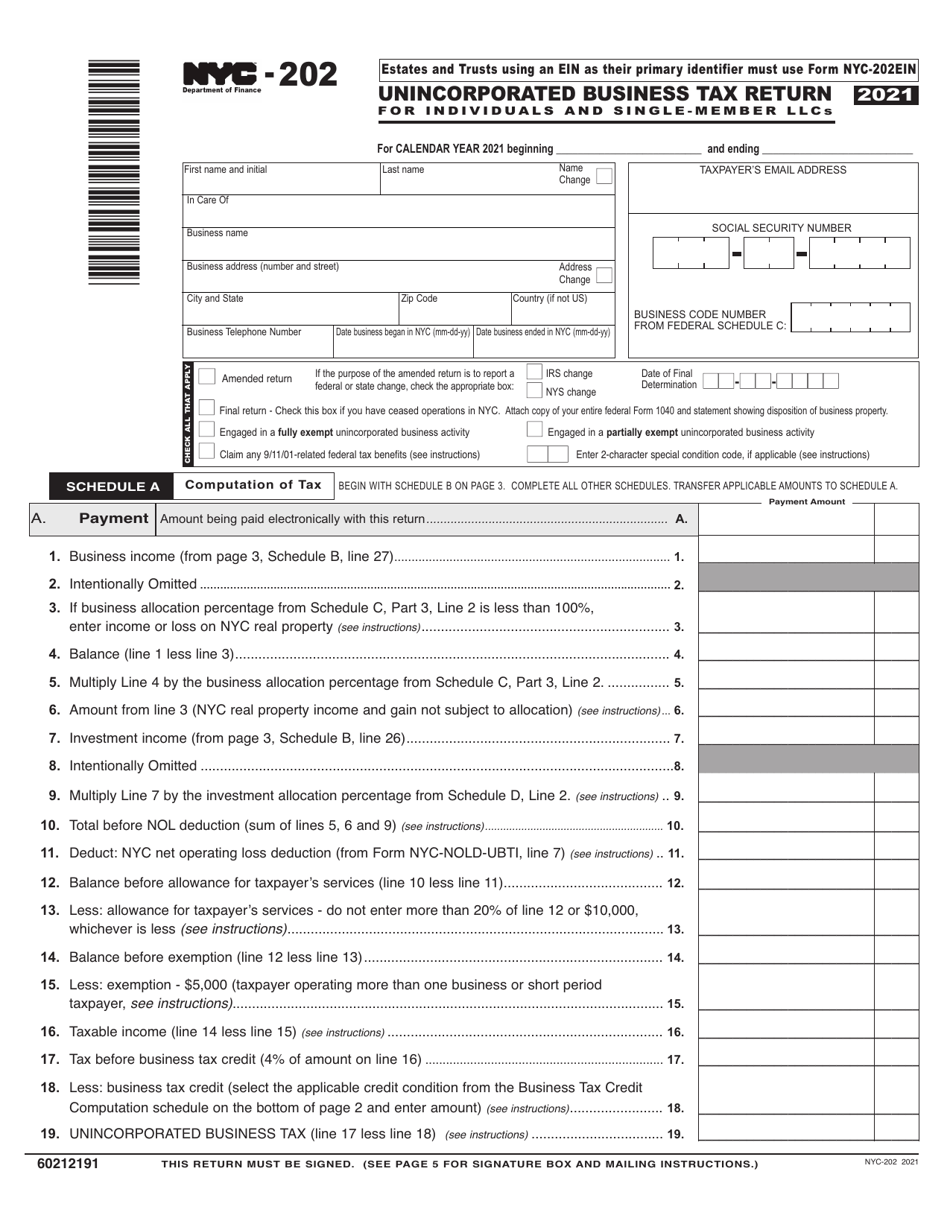 Form NYC-202 Unincorporated Business Tax Return for Individuals and Single-Member Llcs - New York City, Page 1