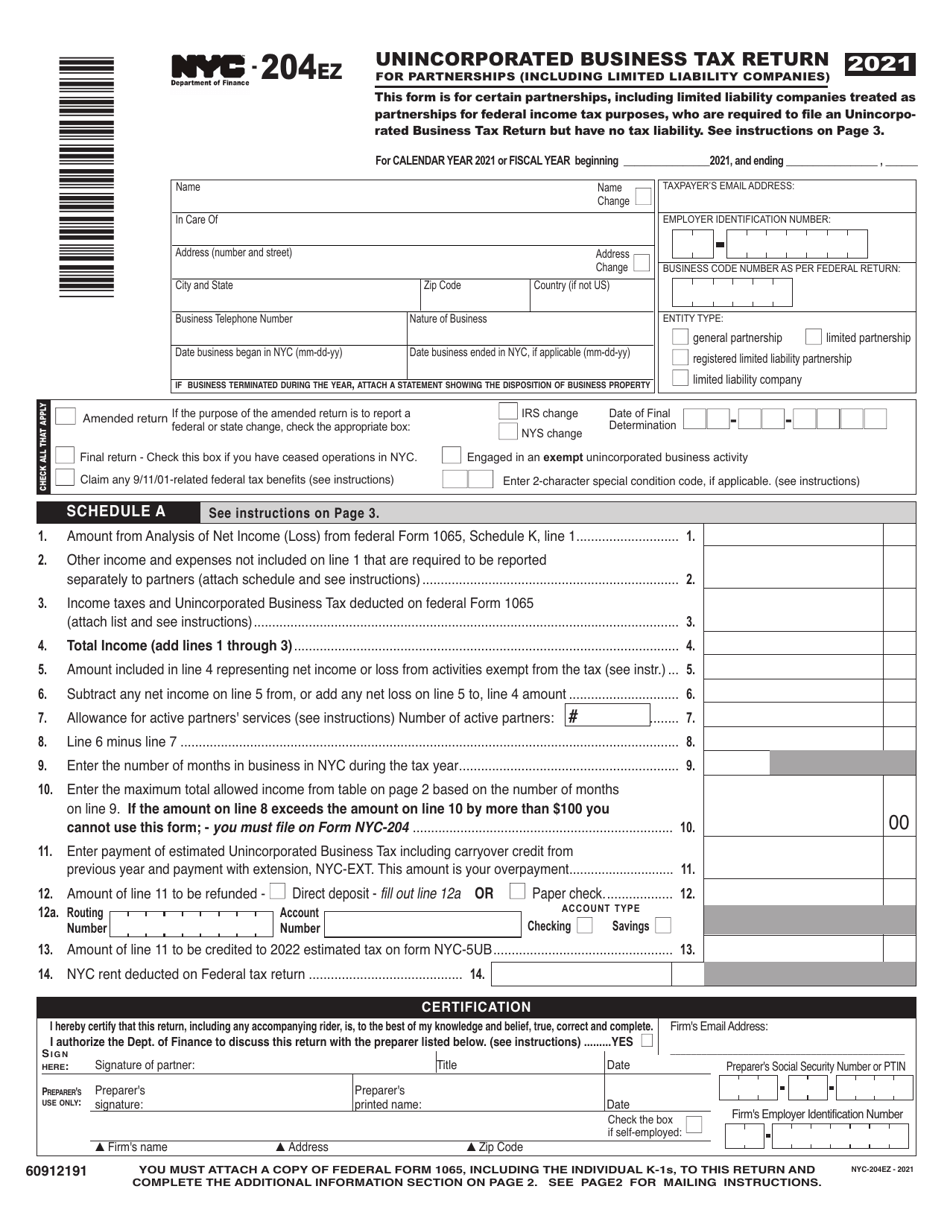 Form NYC-204EZ Unincorporated Business Tax Return for Partnerships (Including Limited Liability Companies) - New York City, Page 1