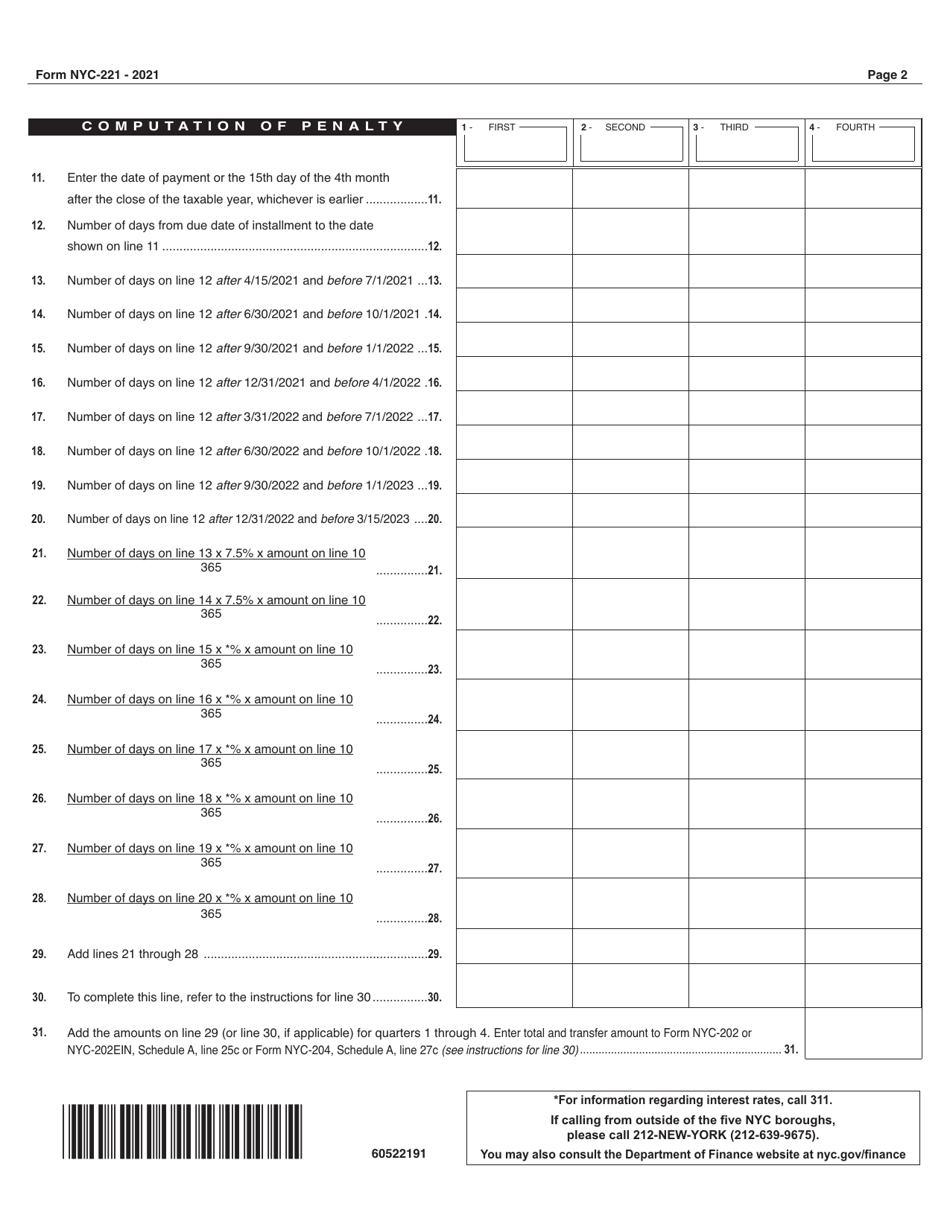 Form NYC-221 Underpayment of Estimated Unincorporated Business Tax - New York City, Page 2