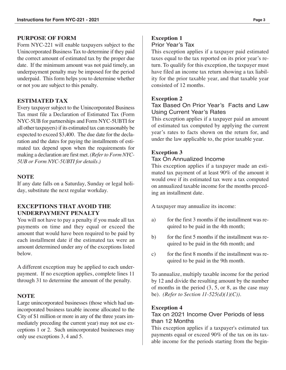 Form NYC-221 Underpayment of Estimated Unincorporated Business Tax - New York City, Page 3