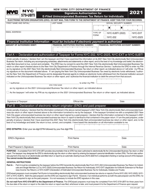 Form NYC-579-UBTI 2021 Printable Pdf