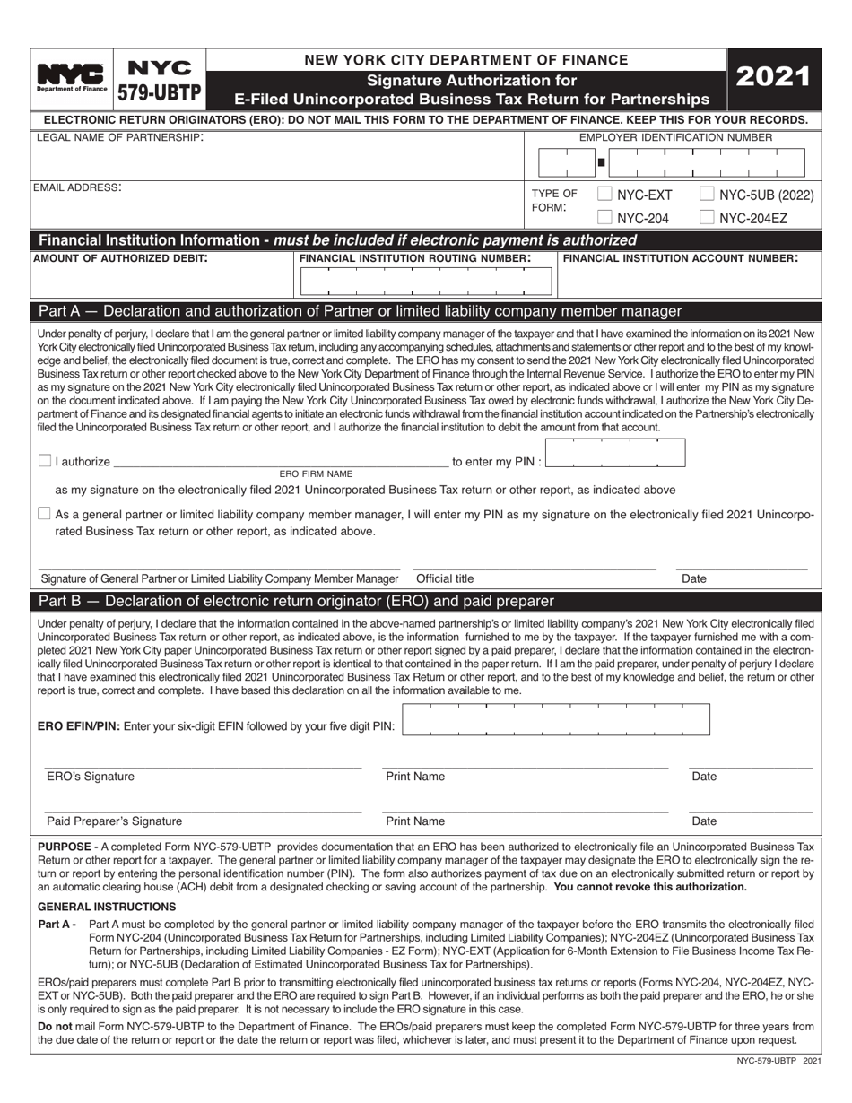 Form NYC-579-UBTP Signature Authorization for E-Filed Unincorporated Business Tax Return for Partnerships - New York City, Page 1