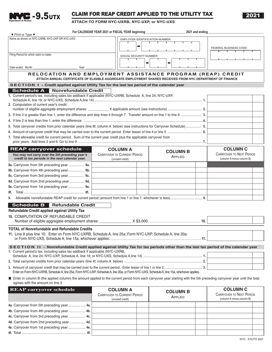 Form NYC-9.5UTX Claim for Reap Credit Applied to the Utility Tax - New York City, Page 1