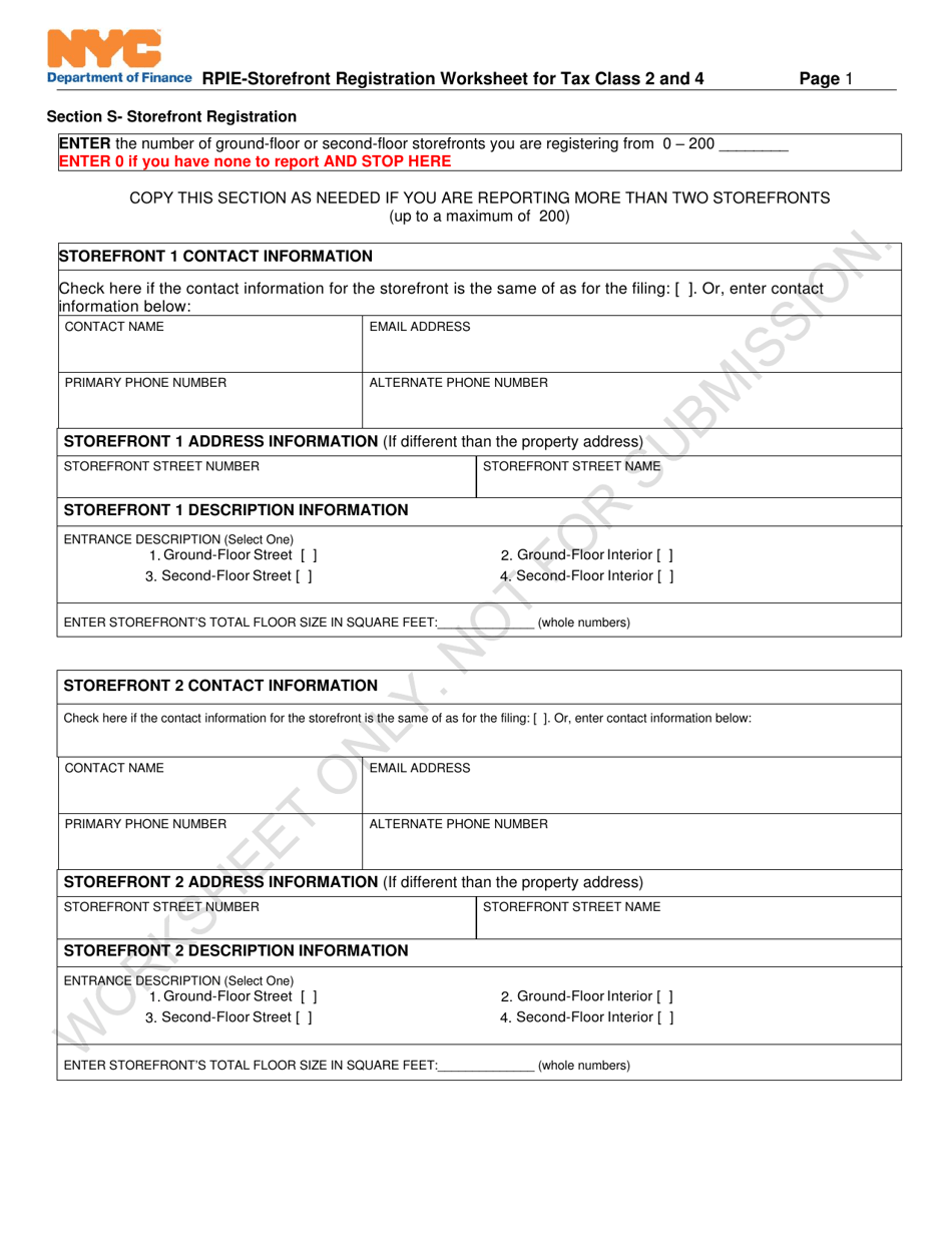 Rpie-Storefront Registration Worksheet for Tax Class 2 and 4 - New York City, Page 1