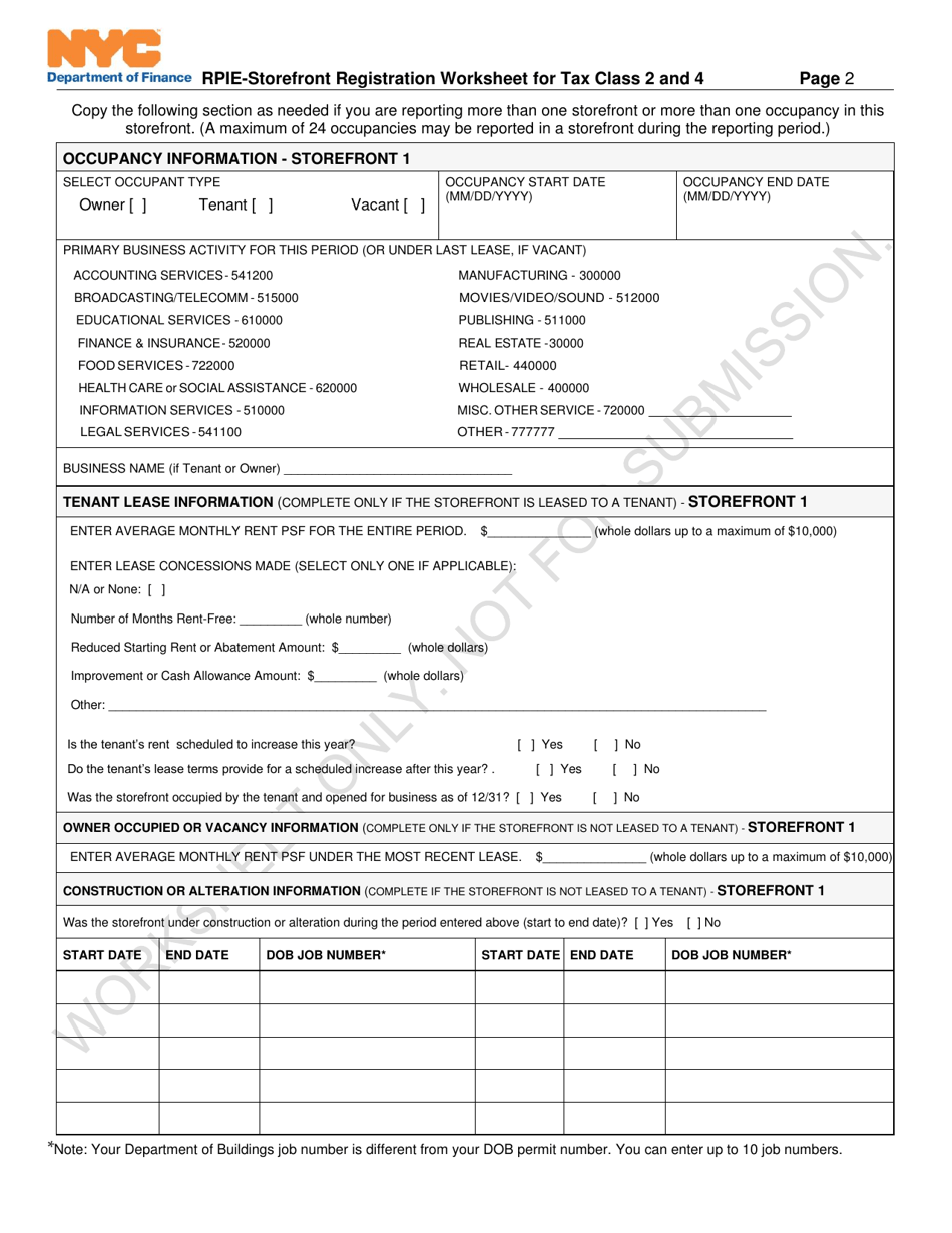 New York City RpieStorefront Registration Worksheet for Tax Class 2