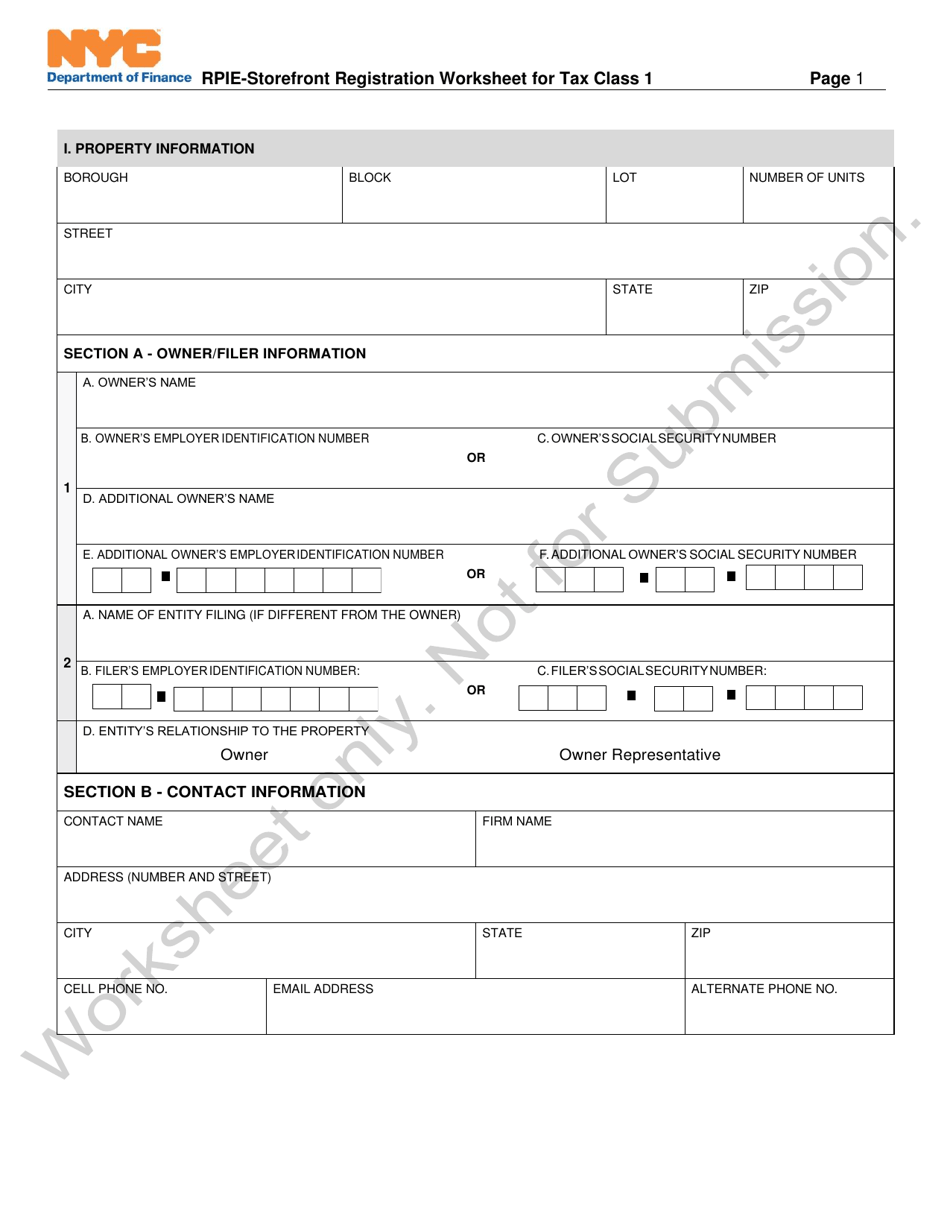 Rpie-Storefront Registration Worksheet for Tax Class 1 - New York City, Page 1