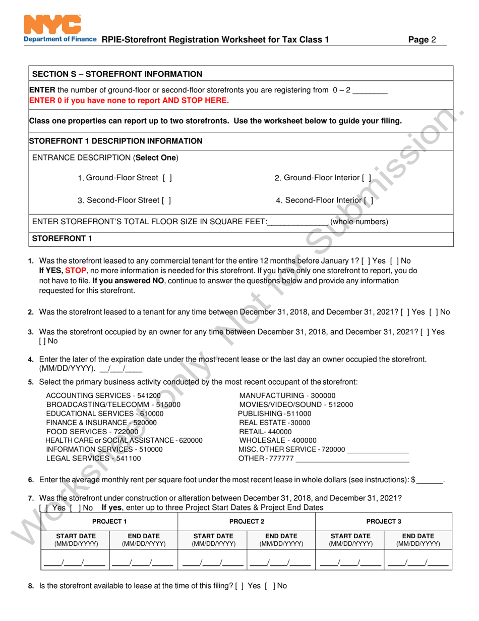 New York City RpieStorefront Registration Worksheet for Tax Class 1